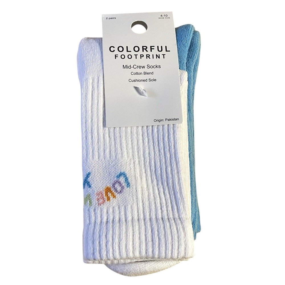 Colorful Footprint Mid-Crew Sock 2 Pairs Sz 4-10 "Love Who You Are" Cotton Blend